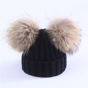 Beanies Anne Çocuklar Sıcak Kış Kapaklar Gerçek Kürk Pom Beanie Yün Örme Şapka Bebek Erkek Kızlar için Ponpon Rakun Topları Cap Bonnet