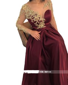 Elegante Borgonha a Linha Noite Ilusão Manga Londa Formalna Vestido de Festa Flores de Ouro Laço Cetim Robe de Soiree Dresses