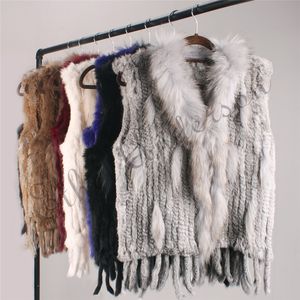 Ethel Anderson Äkta Kvinnors Kanin Fur Vest Gilet Tassels Real Fur Coat Kintted Waistcoat Raccoon Fur Collar Outwear 201031