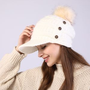 Cappello invernale in maglia con bottone foderato in pile caldo, berretto con palla di pelliccia, cappello da baseball, berretto con cappelli da donna a tesa, accessori moda, volontà e sabbia