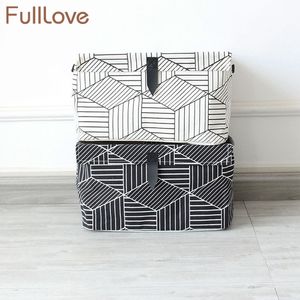 FullLove Geometric Toys Storage Basket Linen Cotton Black White with Cover Storage Box Bins Clothes Stationery Books Organizer LJ201204