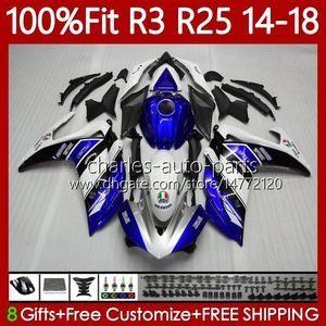 Kit de feiras de injeção para yamaha yzfr3 yzf-r25 yzfr25 2014-2018 azul branco 102NO.4 yzf r3 r25 yzf-r3 2014 2015 2016 2017 2018 bodywork yzf r 3 25 14 15 16 17 18 corpo oem