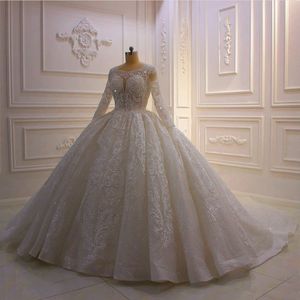 2021 Glitter bollklänning bröllopsklänningar juvel hals långärmad lyx spetsapplikationer brudklänningar plus storlek bröllopsklänningsrockar de 227i