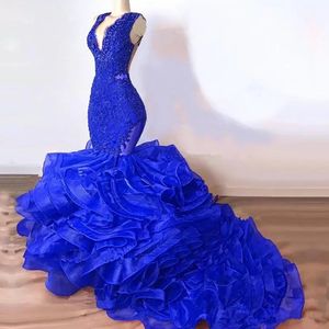 Sexy Long Fiered Organza V Pescoço Royal Azul Sereia Vestidos De Prom Vestidos De Noite Vestidos Formal Vestidos De Partido Tamanho