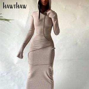 Hawthaw Moda Kadınlar Sonbahar Kış Uzun Kollu Patchwork Bodycon Toplam Renk Kadın Kalem Elbise 2021 Güz Elbise Streetwear Y0118