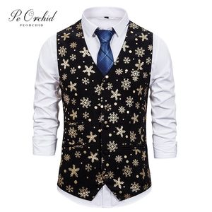 PEORCHID Gold Black New Year Christmas Suit Vest Men Gilet Pailletes Snowflake Floral Casual Men Waistcoat Prom Dress 201106