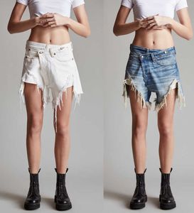 Damen-Shorts, Frühling und Sommer, neue R13-Jeansshorts mit hoher Taille, überlappendes Loch, rauer Saum, Schrägfeile, schräge Schnalle, Denim-Shorts für Damen