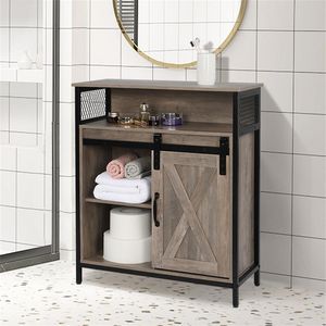 US stock FCH Retro Style MDF With Triamine Iron Frame Sliding Door Two-Drawing Two-Layer Rack Bathroom Cabinet a47