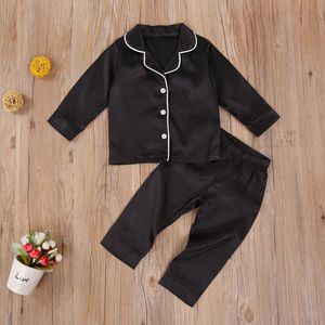 Criança bebê garoto menina menino verão outono preto cetim pijama curta / longa manga curta / longa calça sleepwear conjunto casual 2-7years