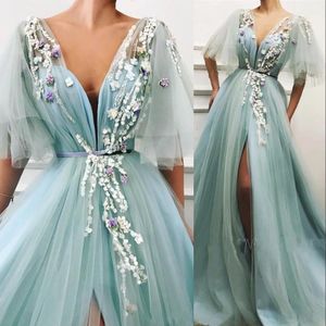 African Sexy Turquoise Evening Wear Deep V Neck High Split Tulle Dresses Hand Made Flowers Formal Party Dress Prom Gowns