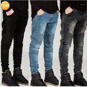 Jeans masculinos homens de verão estiramento motociclista marca locomotiva calças super magro enrugamentos slim pés jogar europa streetwear denim1