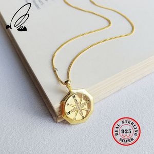 Gold Compass Pendants Pure 925 Sterling Silver Chain Zircon Mosaic Necklace For Women Fashion Jewelry Female Kolye Collane Gift Q0531