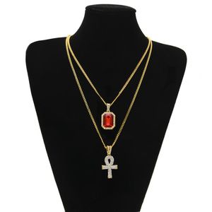 Mäns Egyptiska Ankh Nyckel av livslängd Set Bling Iced Out Cross Mini Ädelsten Hängsmycke Guld Silver Kedja för Kvinnor Hip Hop Smycken Eppacket