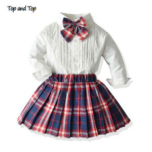 Top e Top Cute Summer Girls Set di abbigliamento a maniche lunghe Camicia bianca con papillon Top + Tutu Dress Kids Casual Plaid Outfit G220310