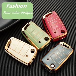 Moda Poskanstwo Gold Edge Car Key Case TPU Klucze Pokrywa Skorupa do VW Volkswagen Golf 7 MK7 Tiguan MK2 SKODA Octavia Kodiaq Karoq Seat ATECA Leon Auto Akcesoria