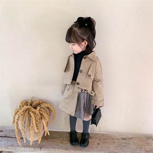Autunno Baby Girl Fashion 2PCS Set Trench stile coreano Cappotto + Gonna Giacche per ragazze patchwork scozzesi kaki