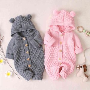 Wholesale winter clothing for newborns resale online - Baby Girls Bear Ear Knit Romper Boys Hooded Newborn Sweater Kids Jumpsuit Babys Outfit Autumn Winter G220218