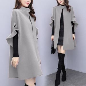 Ny Höst Woolen Waistcoat med Cape Jacket Coat Women Winter Plus Size M-5XL Black Cloak Ladies Wool Overcoat Kvinna 201030