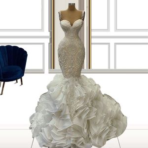 Brautkleider Meerjungfrau Luxus Rüschen Layered Kristall Perlen Straps Brautkleider 2022 Arabisch Dubai Robe de Mariage Vestido Noiva