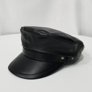 Breed Bravel Hoeden Herfst en Winter Dames Flat Top PU Lederen Caps Black Hat Mode Heren Warm Dikke Cap Bone Navy