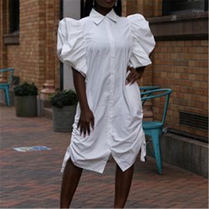 Lässige Kleider Weißes Hemdkleid Frauen Kurze Puffärmel Button Up Plissee Lose Sommer Weibliche Roben Tuniken Plus Größe XXL Drop 1