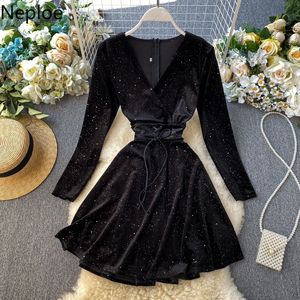 네 플로 봄 가을 새로운 우아한 레트로 베이크 드레스 파티 하이 허리 엉덩이 라인 Vestido 긴 소매 레이스 블랙 Ropa 47005 201204