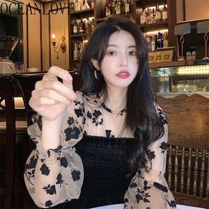 Oceanlove Velvet Blusas Mujer Retro Mesh Patchwork Spring Autumn Korean Ins Shirts Office Lady Bluzki 19609 220307