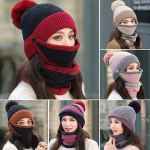 Roda acima dos gorros chapéu mulheres conjuntos 3 chapéus de malha de malha com máscara de babador de inverno feminino veludo grosso quinto de malha de malha ciclismo ciclismo máscaras