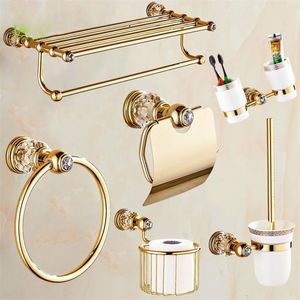 Luxus Gold Kristall Messing Badezimmer Zubehör Badezimmer Hardware Set Gold Seifenschale Handtuchhalter Haartrockner Rack Papiernetz 2 LJ201209