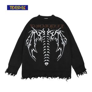 Hip Hop Streetwear Stickad tröja Gothic Letter Bat Skelett Print Pullover Män Höst Harajuku Bomull Casual Sweater 211221