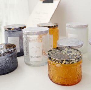 2022 Nowy 7oz Amber Clear Szklany Świeca Jar Butelki Ładne Wzór Metalowe Pokrywy Kosmetyczne Body Masło Na Oil Opakowanie zapachowe Przechowywanie Hurtownie