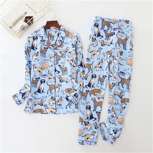 Kvinnor pyjamas söta hundtryck borstade bomullspijama 2 stycken set långärmad elastisk midja byxor lounge nattkläder pajamas s80001 201217