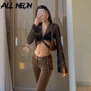 Allneon E Girl Aesthetics Bandage Black Mesh Crop Tops Pastel Goth Y2K Diepe V hals Flare Mouw Patchwork T shirts Sexy Outfits G1228