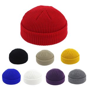 Сплошная цветная шапка Шляпа ребристый акриловый вязаный манжета зима теплая крышка короткая повседневная череп человек для волос капот капота мешковатый Gorro для взрослых мужчин женщин