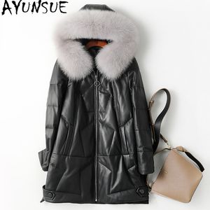 ayunsue women's本物の革のジャケット冬のアヒルダウンジャケットフード付きフォックスファーカラー100％シープスキンコート女性ウォーム2020 KJ5040 T200810