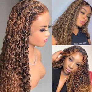 Markera Front Blond Brown Curly Closure Hu Hus Brazilian T Part Lace Wig