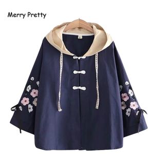 Merry Pretty Women's Floral Embroidery Basic Jackets Winter Lace Up Sleeve Hooded Patchwork Cotton Coats Casual Outerwear 201026