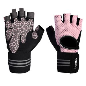Boodun Women's Gym Gloves Half-Finger Anti-Slip Andningsbara Bodybuilding Fitness Sport Handskar med Långt handledsband Skydd Q0107