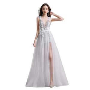 Fashion White Lace Evening Dress Sexy V-neck Backless Beach Dress Vestido De Fiesta Banquet Flower Party Formal Gown in Stock