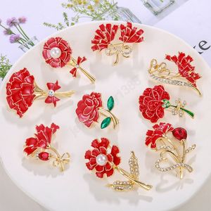 Cute Ladies Brooches Wedding Dress Plant Jewelry Crystal Rhinestone Red Flower Brooch For Women Metal Leaf Broches Mujer pins