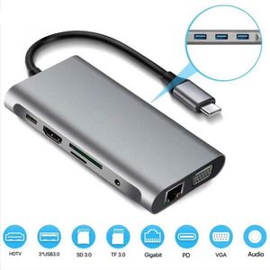 1 USB-Cハブ3XUSB 3XUSB 3XB 3XB 3XUSB 3XUSB 3XB 3.0 HDTV VGAオーディオSD TFリーダーRJ45イーサネットPDの充電