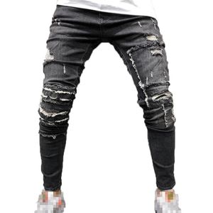 Jeans masculinos cinza rasgado para homens outono moda magro cintura elástica angustiado homem casual denim magro calça pantalon homme