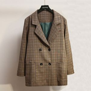 여성의 정장 자켓 가을 새로운 슬림 큰 크기 체크 더블 브레스트 슈트 숙녀 재킷 캐주얼 여성 의류 201023