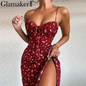 Glamaker Floral Print Sexy Bodycon High Split Dres Sleveless Short Party Club Eleganckie Backless Vestidos 220215