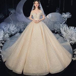 Abiti da sposa con spalle scoperte e allacciatura su tutto il vestito da ballo principessa brillante Plus Size