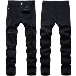 Mens Jeans Retro Black pants Stretch hole Ripped Slim Fit High Quality Fashion Casual Denim Trousers
