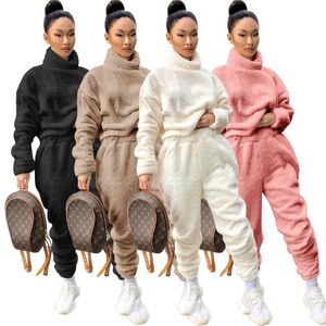 Women's Tracksuits Women Solid Plush Thick Hoodies Two Piece Set Fleece Hooded Long Sleeve Sweatshirts Top Pencil Pants Casual Tracksuit