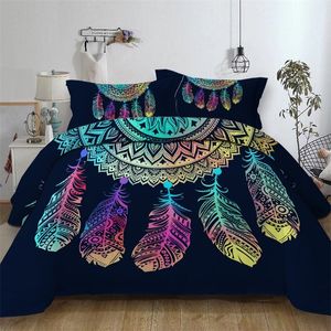 Dreamcatcher Pościel Zestaw Królowa Rozmiar Kolorowe Pióra Poliestrowa Duvet Pokrywa Czeski Mandala Bedclothes 3szt Black Home Textiles 201120