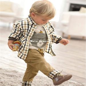 Wiosna Jesień Dzieci Baby Boys Odzież Odzież Moda Z Długim Rękawem Plaid Koszule + Koszulki + Spodnie 3 sztuk Kartuarni Stroje Casual Childrens Odzież