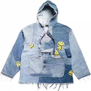 Męskie bluzy Jesień Kapital Tassel Uśmiechnięta twarz Haft Haft Szafy Luźne Prać Denim Hoodie Pullover